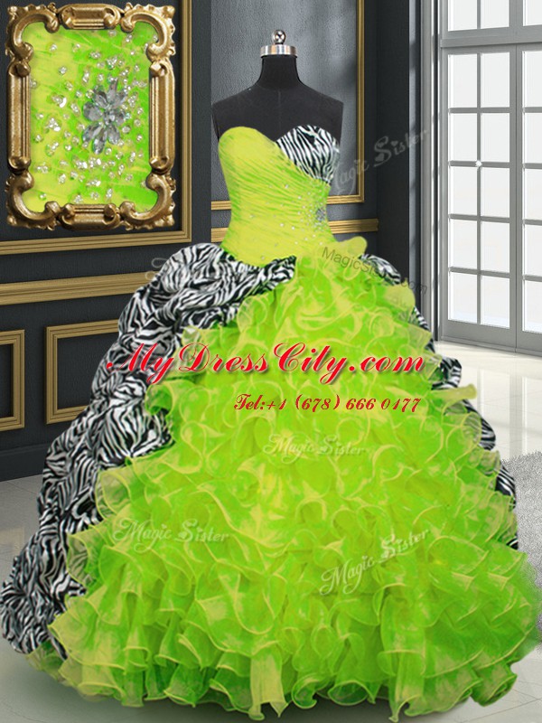 Customized Sweetheart Sleeveless Quince Ball Gowns With Brush Train Beading and Ruffles and Pattern Yellow Green Organza and Printed