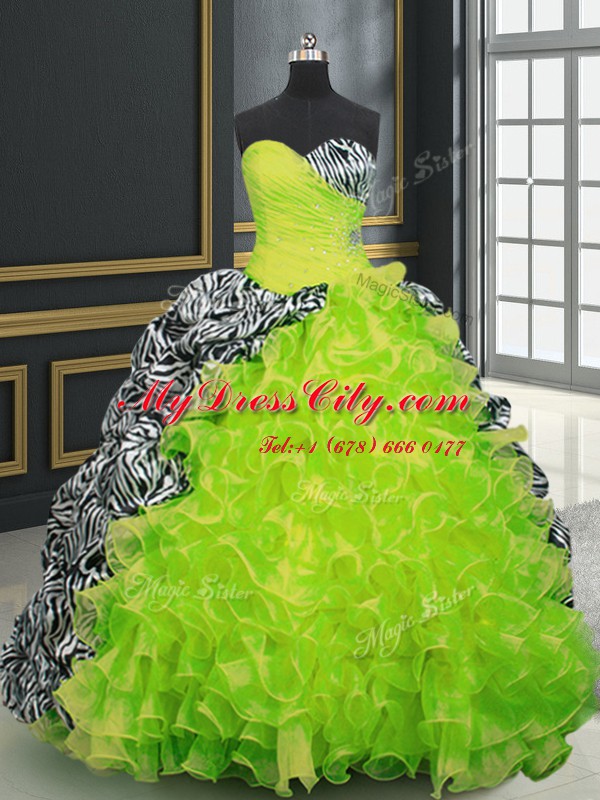 Customized Sweetheart Sleeveless Quince Ball Gowns With Brush Train Beading and Ruffles and Pattern Yellow Green Organza and Printed