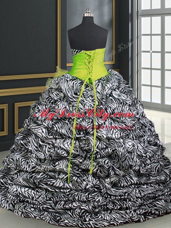 Customized Sweetheart Sleeveless Quince Ball Gowns With Brush Train Beading and Ruffles and Pattern Yellow Green Organza and Printed