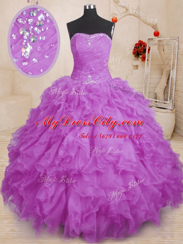 Custom Design Beading and Ruffles and Ruching Quinceanera Dress Purple Lace Up Sleeveless Floor Length