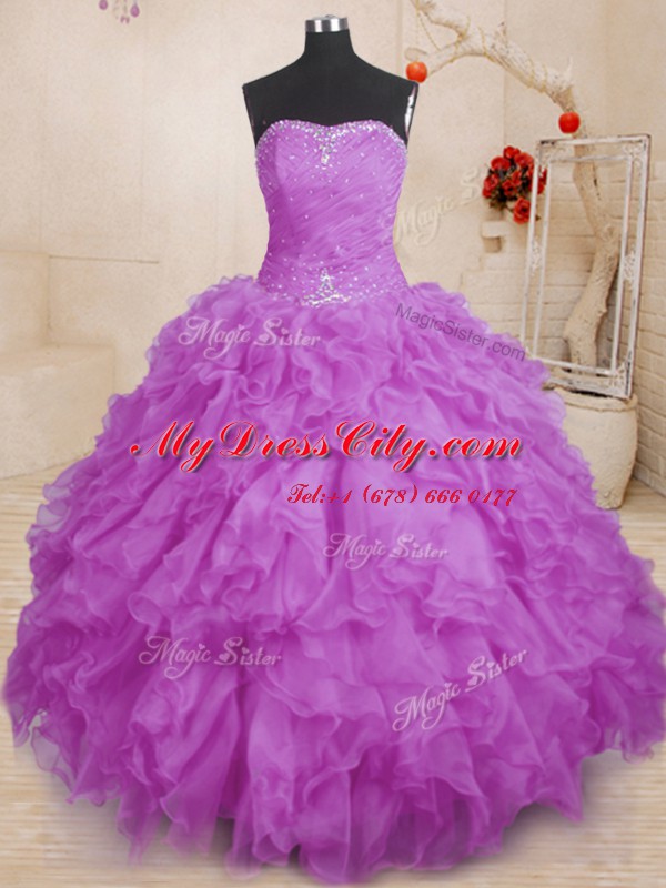 Custom Design Beading and Ruffles and Ruching Quinceanera Dress Purple Lace Up Sleeveless Floor Length