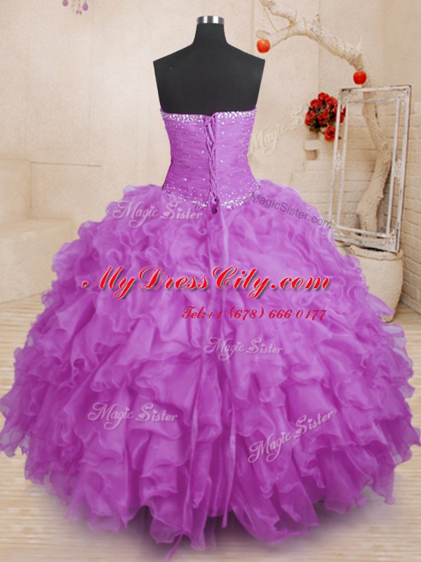 Custom Design Beading and Ruffles and Ruching Quinceanera Dress Purple Lace Up Sleeveless Floor Length