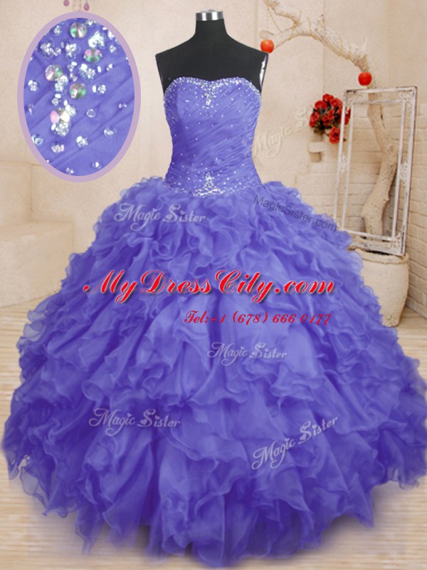 Fashion Organza Strapless Sleeveless Lace Up Beading and Ruffles and Ruching Sweet 16 Quinceanera Dress in Purple