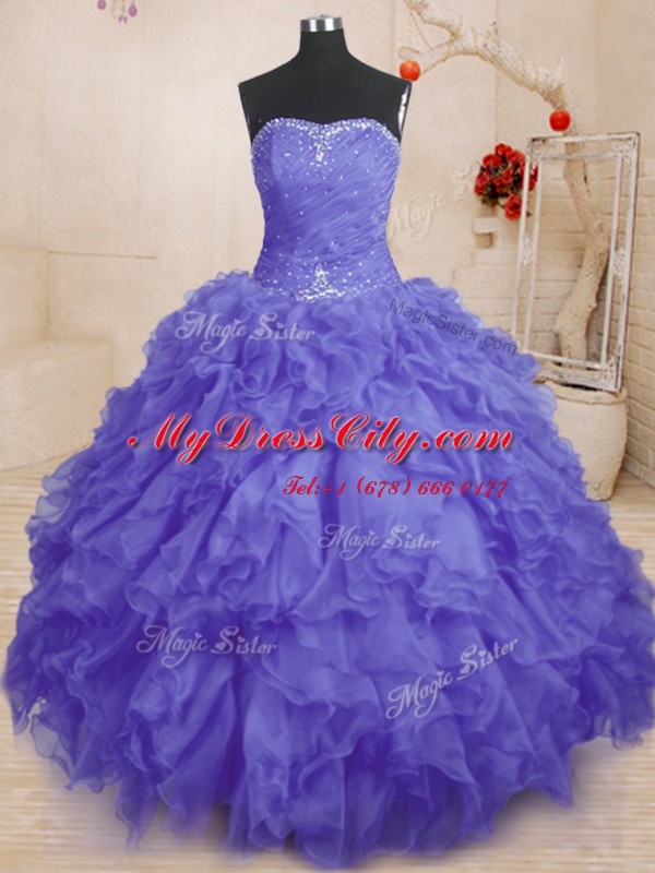 Fashion Organza Strapless Sleeveless Lace Up Beading and Ruffles and Ruching Sweet 16 Quinceanera Dress in Purple