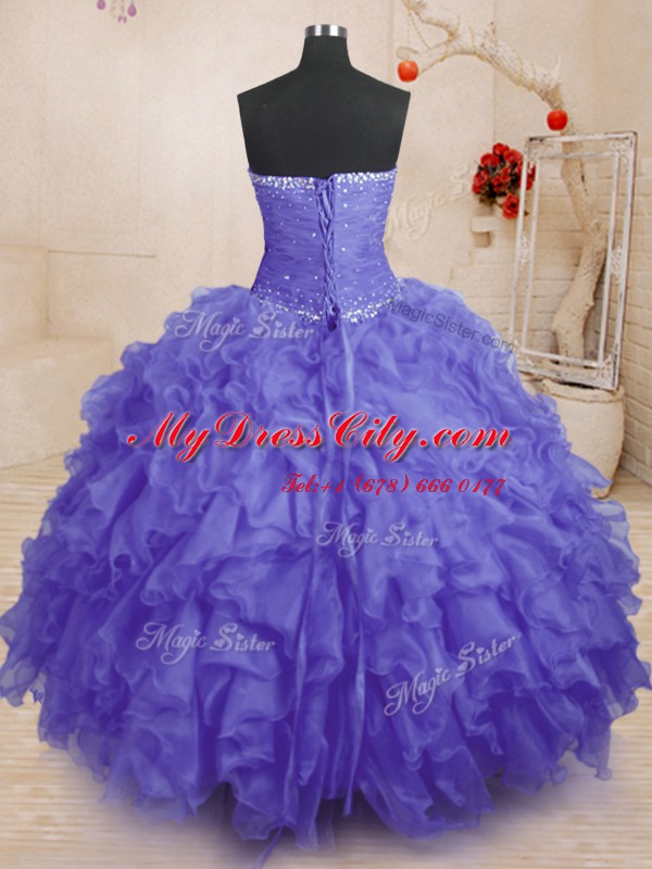 Fashion Organza Strapless Sleeveless Lace Up Beading and Ruffles and Ruching Sweet 16 Quinceanera Dress in Purple