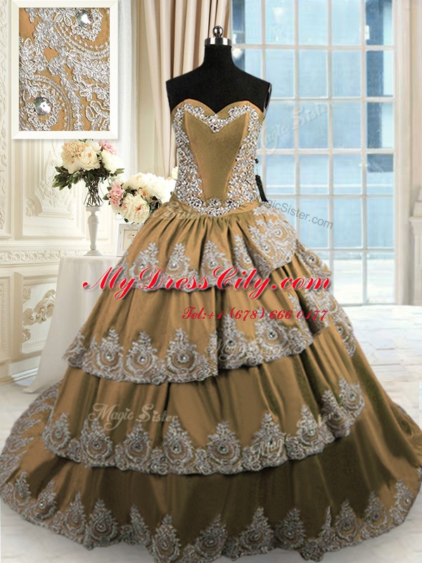 Ruffled With Train Ball Gowns Sleeveless Brown Quinceanera Gowns Court Train Lace Up