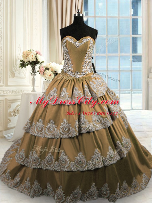 Ruffled With Train Ball Gowns Sleeveless Brown Quinceanera Gowns Court Train Lace Up