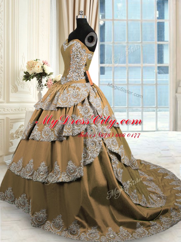 Ruffled With Train Ball Gowns Sleeveless Brown Quinceanera Gowns Court Train Lace Up