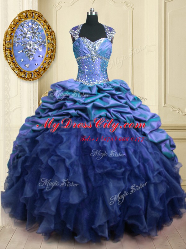 Sophisticated Blue Cap Sleeves Brush Train Beading and Ruffles and Pick Ups With Train Ball Gown Prom Dress