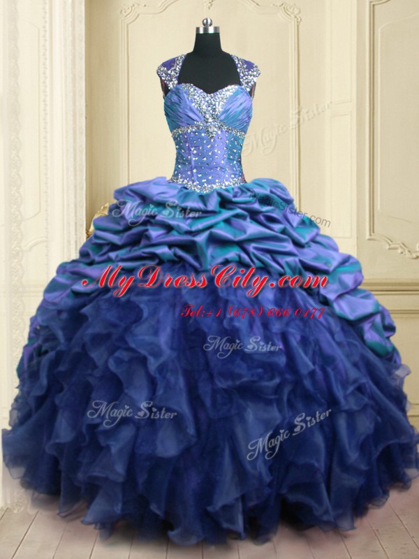 Sophisticated Blue Cap Sleeves Brush Train Beading and Ruffles and Pick Ups With Train Ball Gown Prom Dress