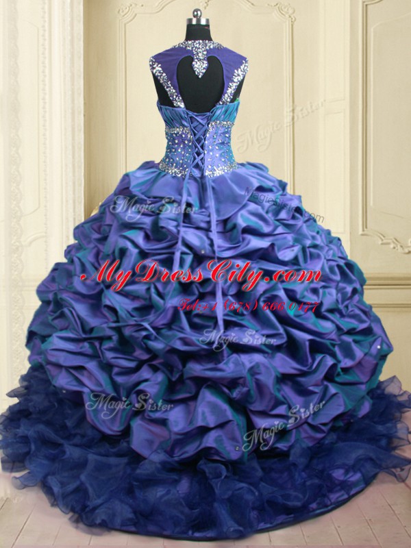 Sophisticated Blue Cap Sleeves Brush Train Beading and Ruffles and Pick Ups With Train Ball Gown Prom Dress