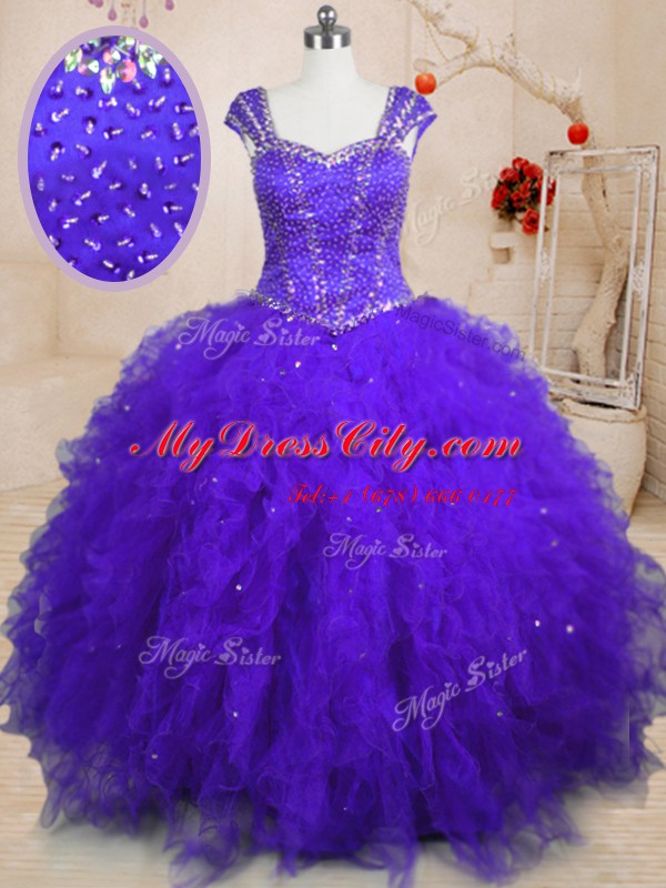 Purple Cap Sleeves Beading and Ruffles and Sequins Floor Length Vestidos de Quinceanera