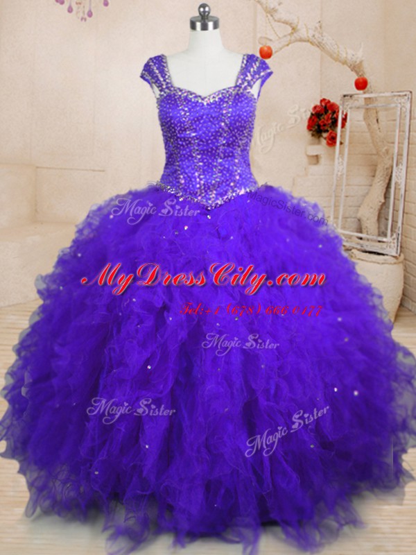 Purple Cap Sleeves Beading and Ruffles and Sequins Floor Length Vestidos de Quinceanera