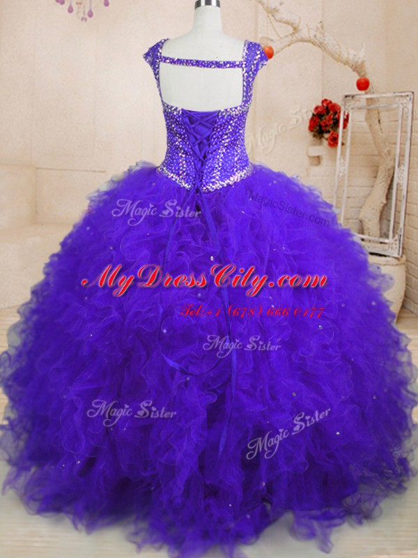 Purple Cap Sleeves Beading and Ruffles and Sequins Floor Length Vestidos de Quinceanera