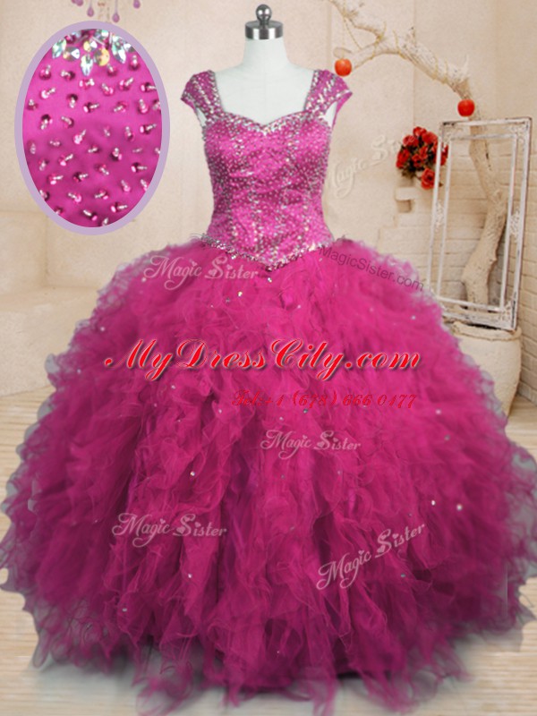 Discount Fuchsia Cap Sleeves Beading and Ruffles Floor Length Quinceanera Gowns