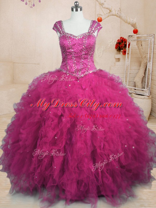 Discount Fuchsia Cap Sleeves Beading and Ruffles Floor Length Quinceanera Gowns