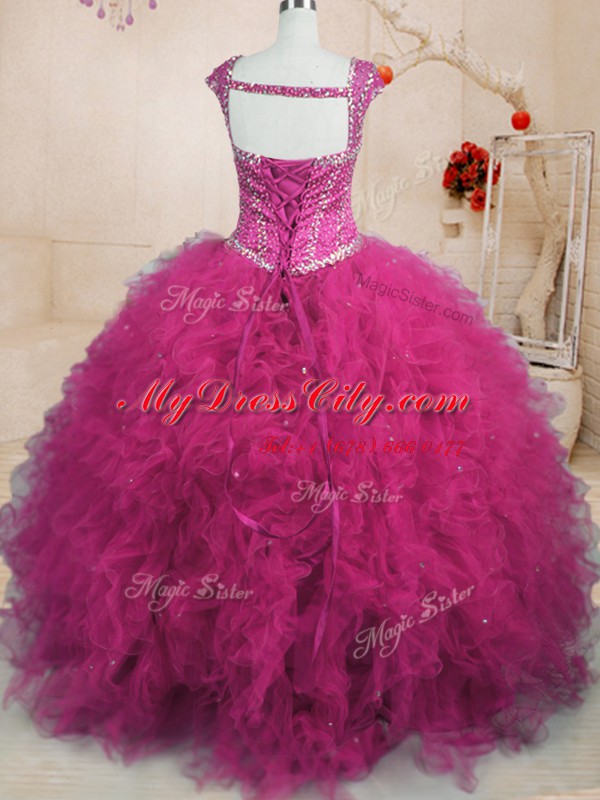 Discount Fuchsia Cap Sleeves Beading and Ruffles Floor Length Quinceanera Gowns