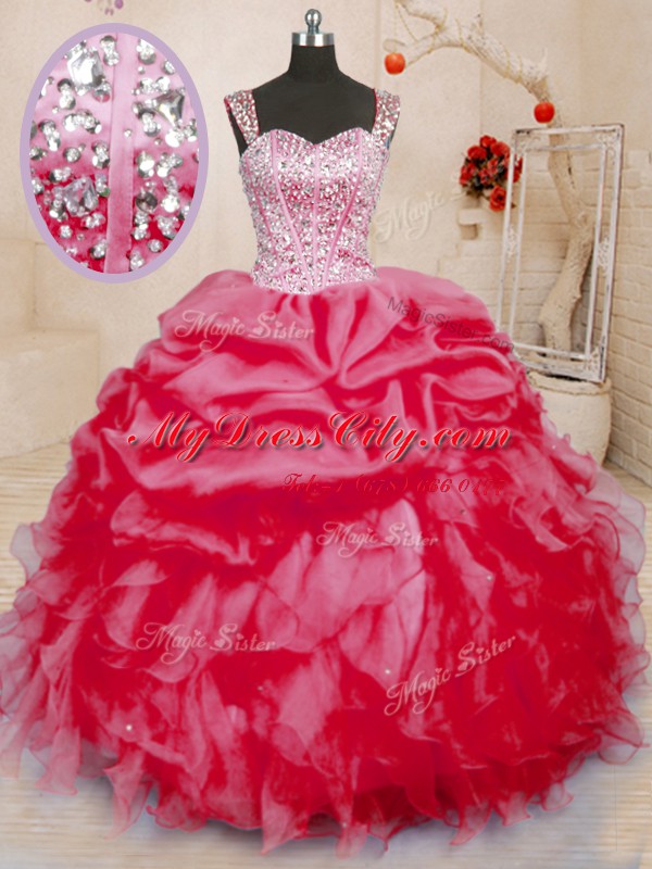 Popular Pick Ups Coral Red Sleeveless Organza Lace Up Sweet 16 Dress for Military Ball and Sweet 16 and Quinceanera