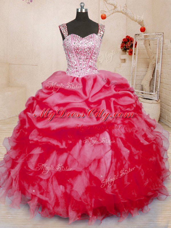 Popular Pick Ups Coral Red Sleeveless Organza Lace Up Sweet 16 Dress for Military Ball and Sweet 16 and Quinceanera