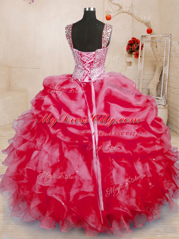 Popular Pick Ups Coral Red Sleeveless Organza Lace Up Sweet 16 Dress for Military Ball and Sweet 16 and Quinceanera