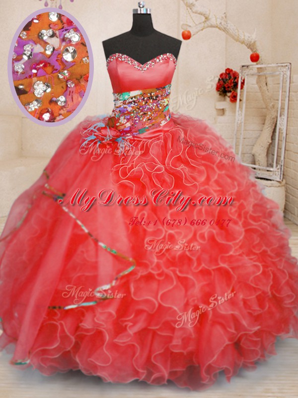 Coral Red Ball Gowns Organza Sweetheart Sleeveless Beading and Ruffles Floor Length Lace Up Quinceanera Dress