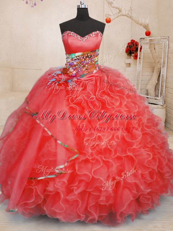 Coral Red Ball Gowns Organza Sweetheart Sleeveless Beading and Ruffles Floor Length Lace Up Quinceanera Dress