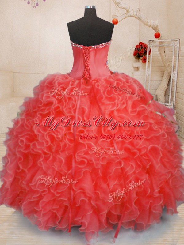 Coral Red Ball Gowns Organza Sweetheart Sleeveless Beading and Ruffles Floor Length Lace Up Quinceanera Dress