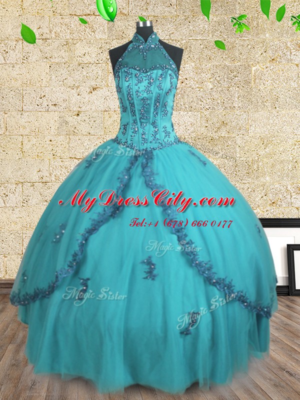 Teal Sweet 16 Dresses Military Ball and Sweet 16 and Quinceanera and For with Beading Halter Top Sleeveless Lace Up