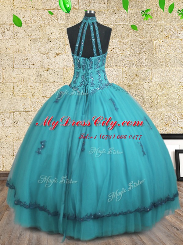 Teal Sweet 16 Dresses Military Ball and Sweet 16 and Quinceanera and For with Beading Halter Top Sleeveless Lace Up