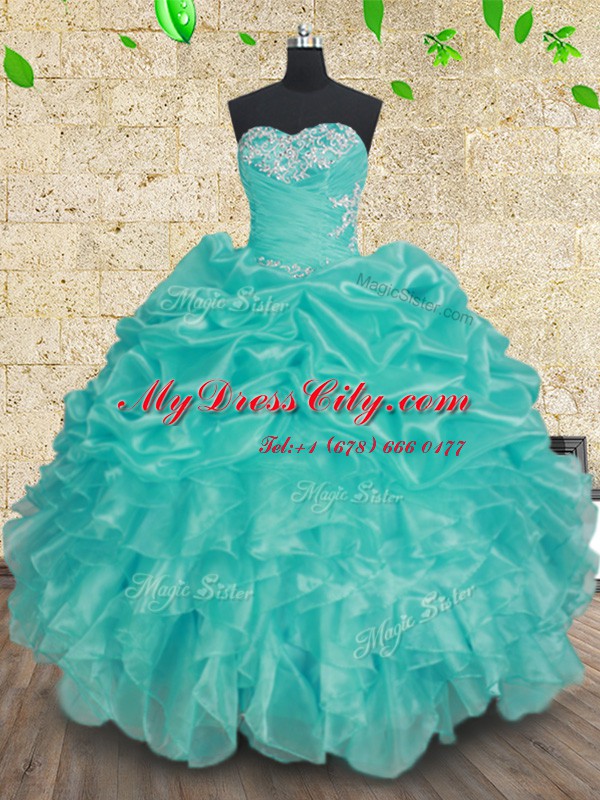 Traditional Ball Gowns Quinceanera Dresses Aqua Blue Sweetheart Organza Sleeveless Floor Length Lace Up