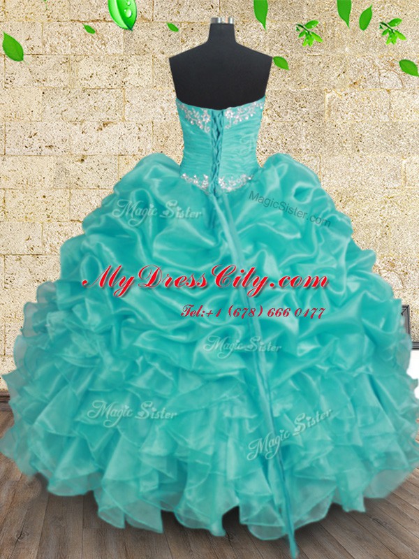 Traditional Ball Gowns Quinceanera Dresses Aqua Blue Sweetheart Organza Sleeveless Floor Length Lace Up