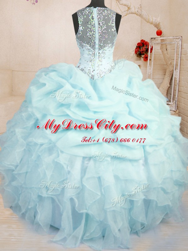 Light Blue Quinceanera Dress Military Ball and Sweet 16 and Quinceanera and For with Beading and Ruffles and Pick Ups Straps Sleeveless Zipper