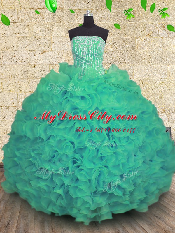 Turquoise Sleeveless Beading and Ruffles Floor Length 15th Birthday Dress