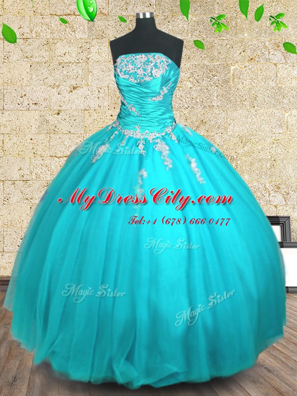 Customized Floor Length Aqua Blue 15 Quinceanera Dress Strapless Sleeveless Lace Up