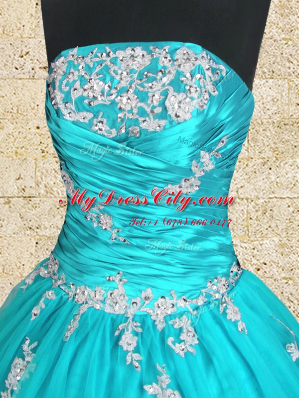 Customized Floor Length Aqua Blue 15 Quinceanera Dress Strapless Sleeveless Lace Up