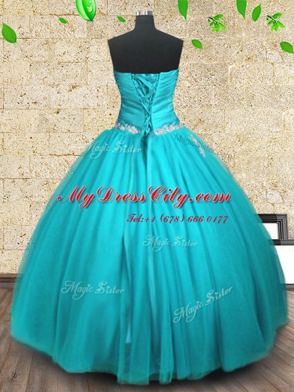 Customized Floor Length Aqua Blue 15 Quinceanera Dress Strapless Sleeveless Lace Up