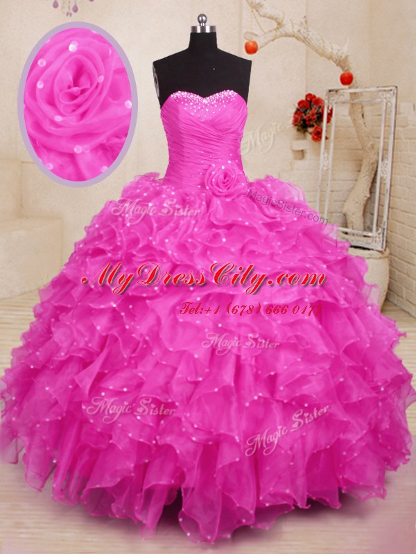 Superior Hot Pink Sleeveless Floor Length Beading and Ruffles and Hand Made Flower Lace Up 15th Birthday Dress