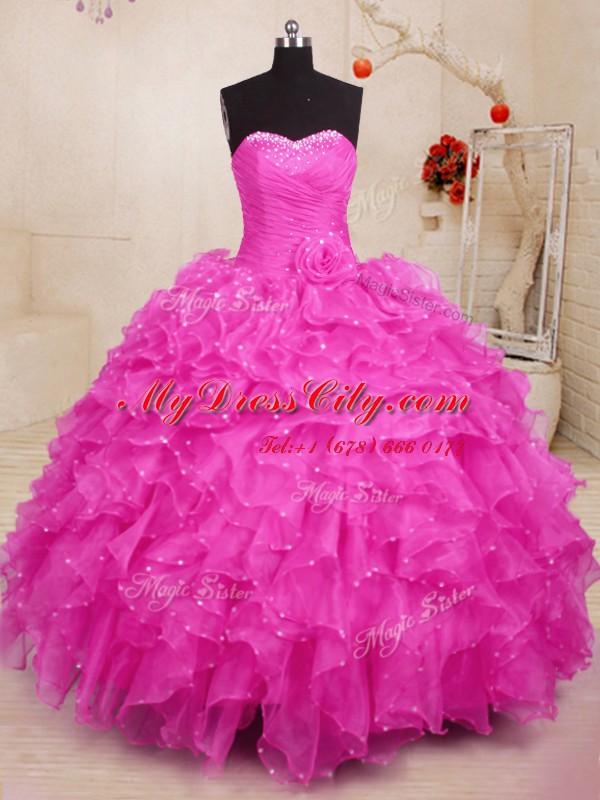 Superior Hot Pink Sleeveless Floor Length Beading and Ruffles and Hand Made Flower Lace Up 15th Birthday Dress