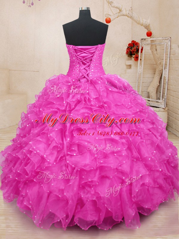 Superior Hot Pink Sleeveless Floor Length Beading and Ruffles and Hand Made Flower Lace Up 15th Birthday Dress