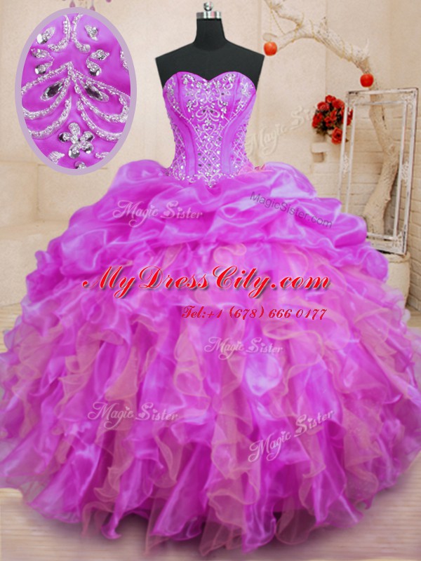 Low Price Ball Gowns Quinceanera Dress Fuchsia Sweetheart Organza Sleeveless Floor Length Lace Up