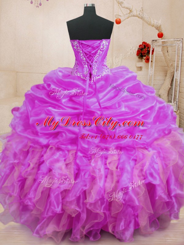 Low Price Ball Gowns Quinceanera Dress Fuchsia Sweetheart Organza Sleeveless Floor Length Lace Up