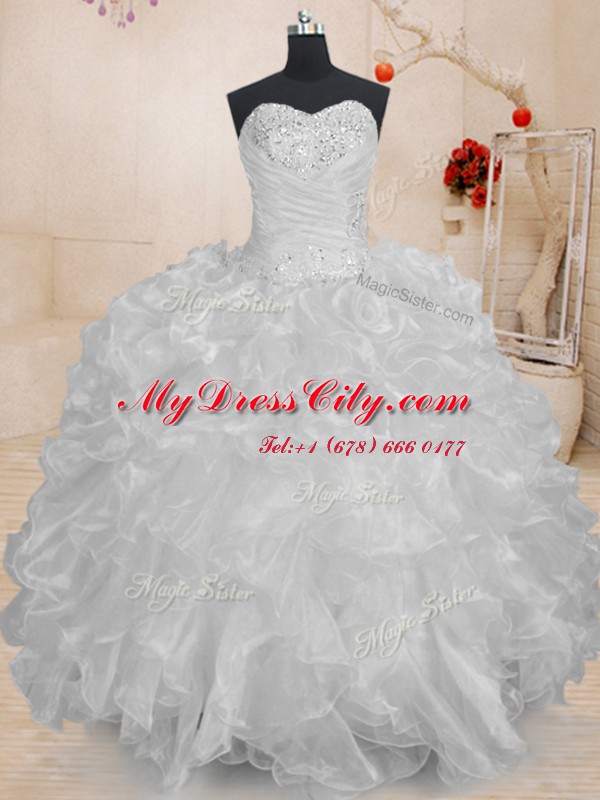 Inexpensive White Sleeveless Floor Length Beading and Ruffles Lace Up Sweet 16 Quinceanera Dress