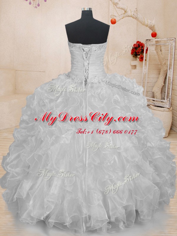 Inexpensive White Sleeveless Floor Length Beading and Ruffles Lace Up Sweet 16 Quinceanera Dress