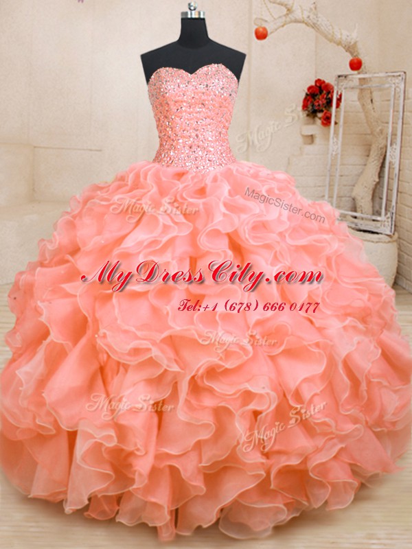 Glamorous Floor Length Ball Gowns Sleeveless Pink Quinceanera Gown Lace Up