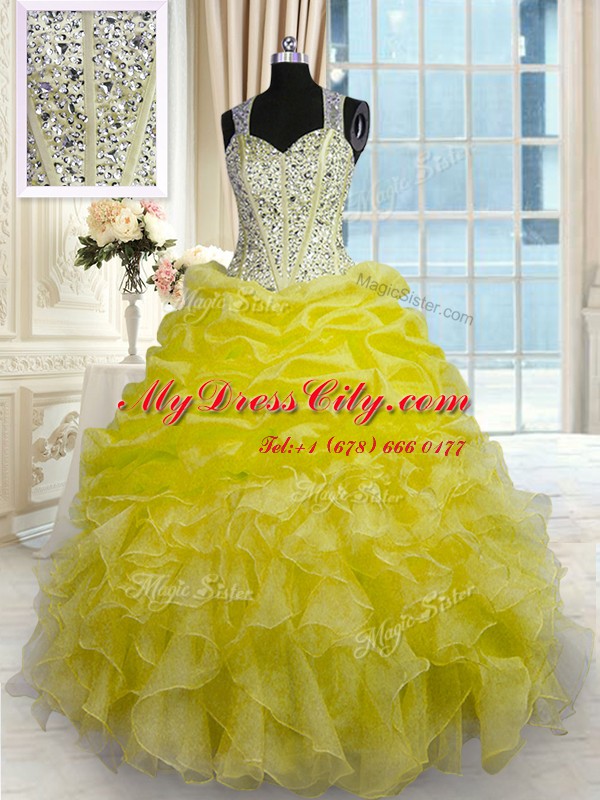 Eye-catching Yellow Organza Zipper Vestidos de Quinceanera Sleeveless Floor Length Beading and Ruffles