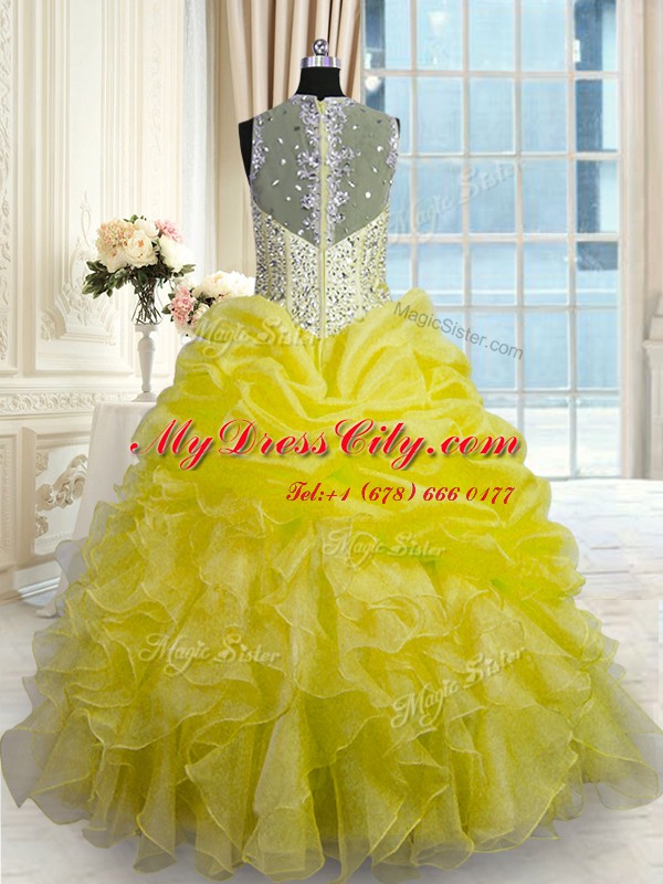 Eye-catching Yellow Organza Zipper Vestidos de Quinceanera Sleeveless Floor Length Beading and Ruffles