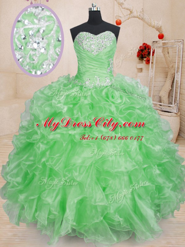 Pretty Ball Gowns Organza Sweetheart Sleeveless Beading and Ruffles Floor Length Lace Up Ball Gown Prom Dress