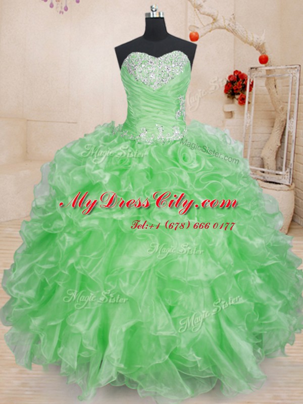 Pretty Ball Gowns Organza Sweetheart Sleeveless Beading and Ruffles Floor Length Lace Up Ball Gown Prom Dress