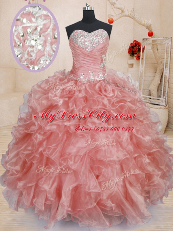 Romantic Watermelon Red Sleeveless Floor Length Beading and Ruffles Lace Up 15 Quinceanera Dress