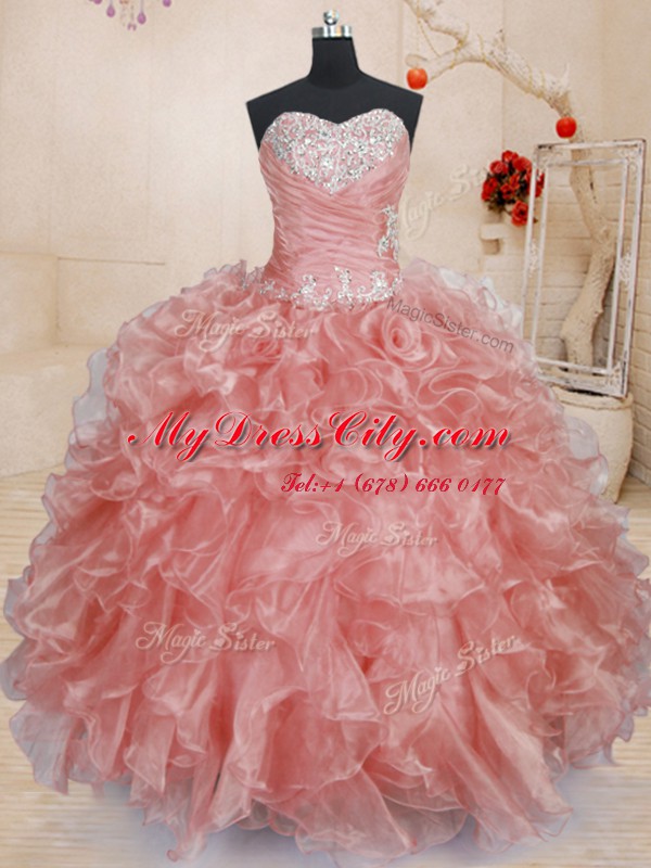 Romantic Watermelon Red Sleeveless Floor Length Beading and Ruffles Lace Up 15 Quinceanera Dress